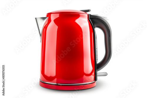 A vibrant red electric kettle with a glossy finish and a detachable power base isolated on a solid white background. photo