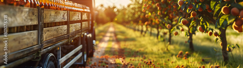 Cargo truck carrying bottles with peach juice in an orchard with sunset. Concept of food and drink production, transportation, cargo and shipping. photo