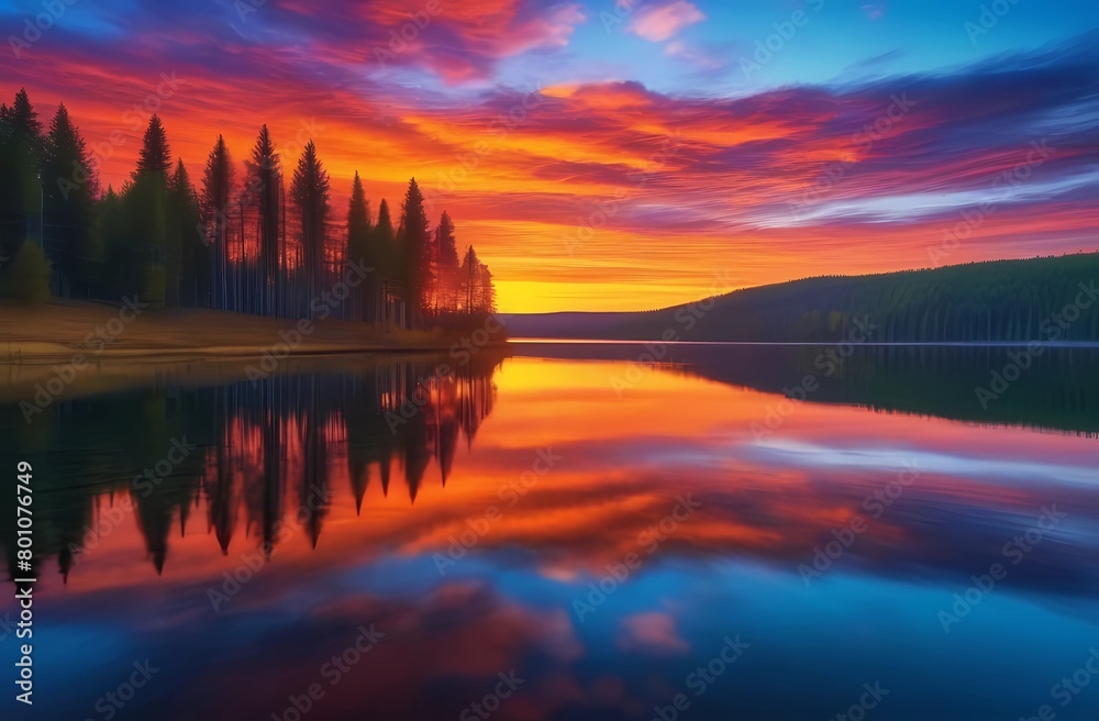 Depicting a bright sunset over a serene lake with colorful reflections shimmering on the water. Beauty and serenity
