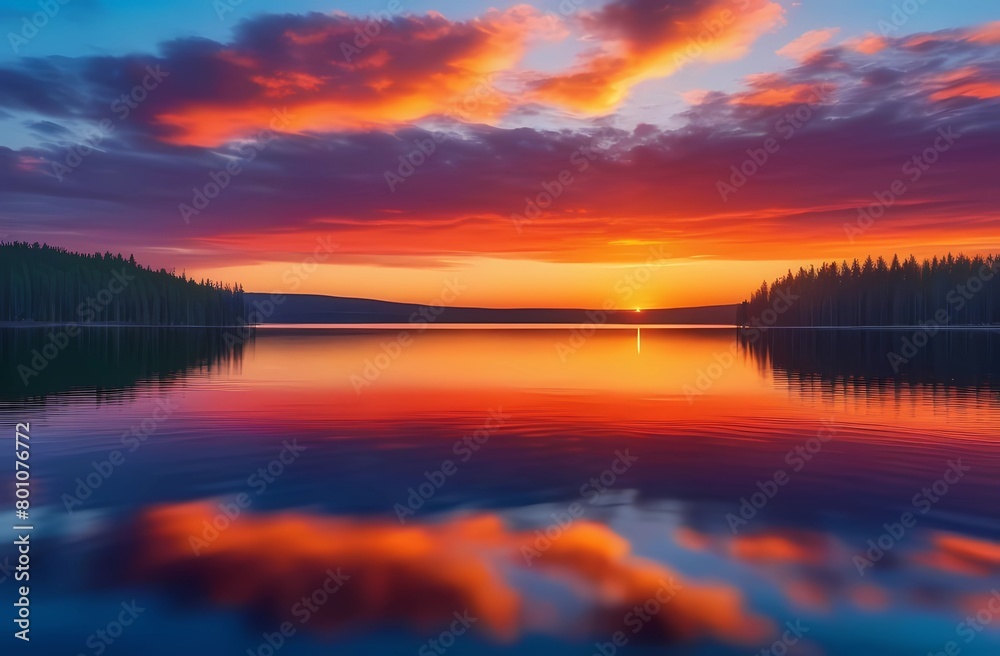 Depicting a bright sunset over a serene lake with colorful reflections shimmering on the water. Beauty and serenity Depicting a bright sunset over a serene lake with colorful reflections shimmering on the water. Beauty and serenity