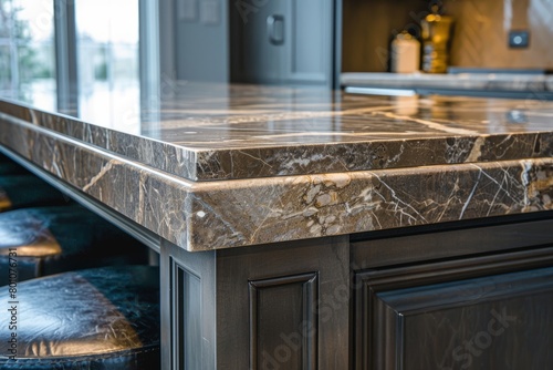A contemporary kitchen featuring a sleek marble countertop with stylish stools