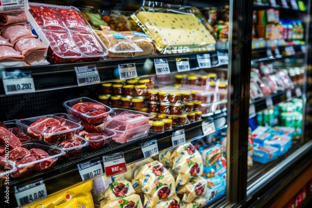 A vibrant display filled with assorted food items in a grocery store, showcasing a wide array of packaged meats and other products