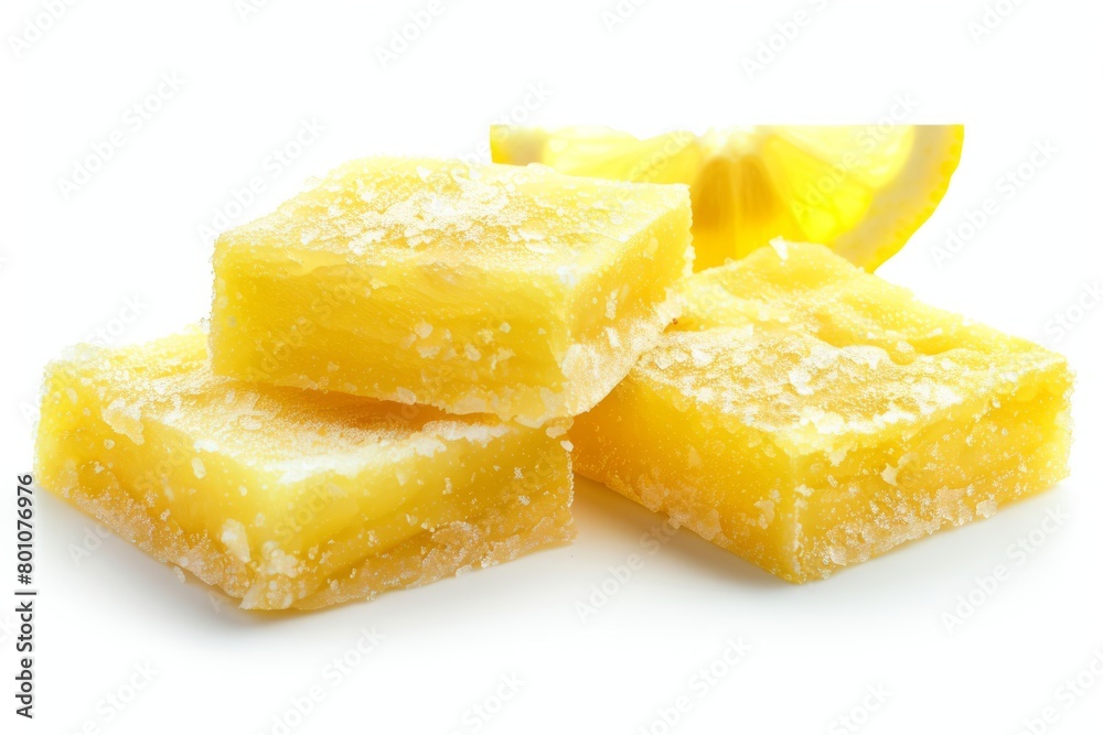 Yellow, cubed lemon jelly candies on a white background, perfect for sweet shops, confectionery marketing, and recipe websites.