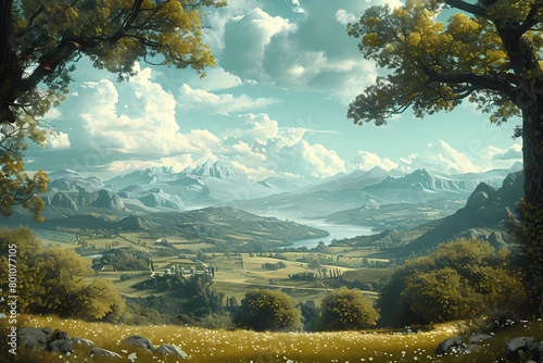 Fototapeta Naklejka Na Ścianę i Meble -  landscape in the mountains ,Renaissance painting with a classic background illustration