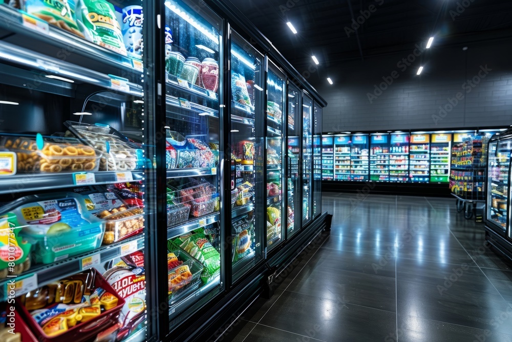 The grocery store is bustling, with shelves stocked full of various food items under bright fluorescent lights