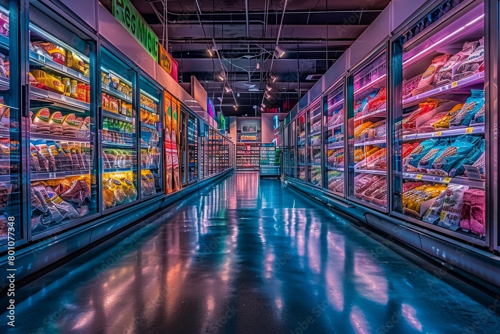 A bustling grocery store with aisles filled with a variety of food items under bright fluorescent lights