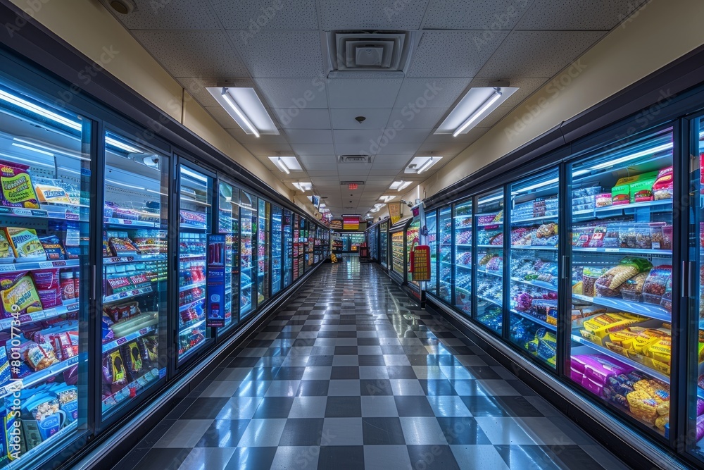 A wide-angle view of a bustling grocery store filled with an array of food items and products under bright fluorescent lights