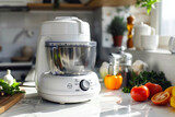 A white food processor with a pulse function, providing control over chopping.