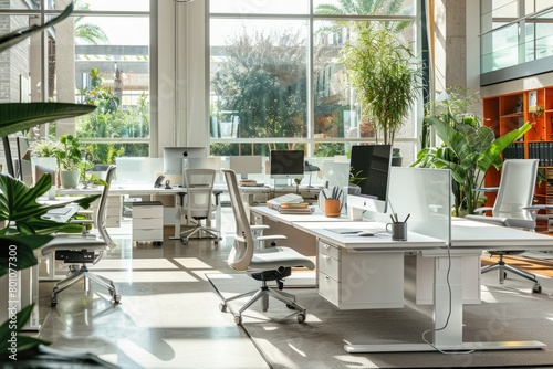 A modern office with numerous desks, ergonomic chairs, and lush green plants, creating a productive work environment