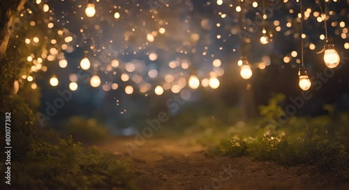 A dreamy setting of ling lights and sparkling fairy dust in a mystical garden under a velvet night sky