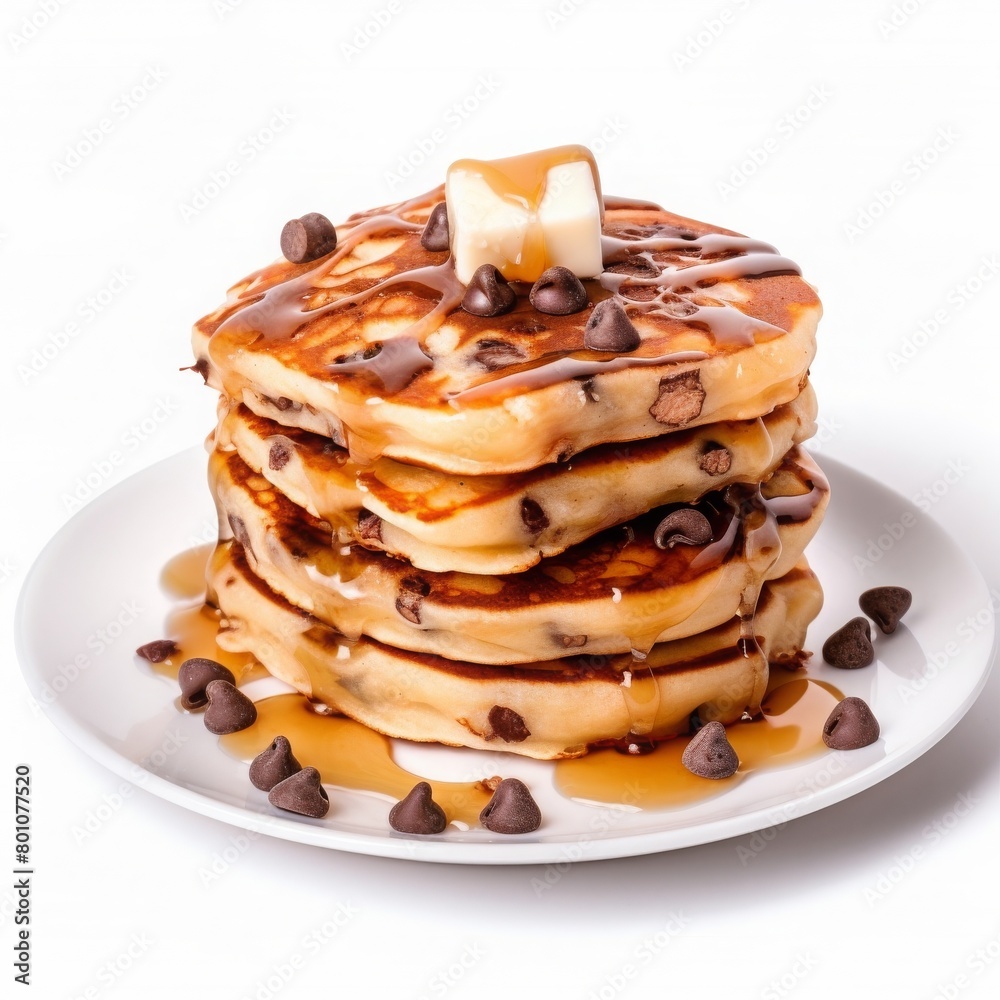 four thick pancakes with melted butter and topping of choco chips served n plate on white background four thick pancakes with melted butter and topping of choco chips served n plate on white background
