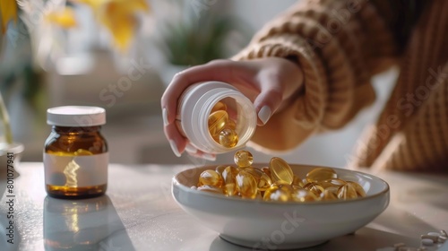 Pills being poured from a bottle into a bowl Omega 3, multivitamins, vitamins B, C, D, collagen tablets, probiotics, iron capsule.  photo