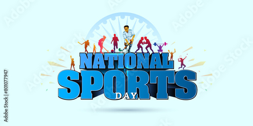 Eps vector illustration of Sports athletics players background with 3d text National sports day. photo