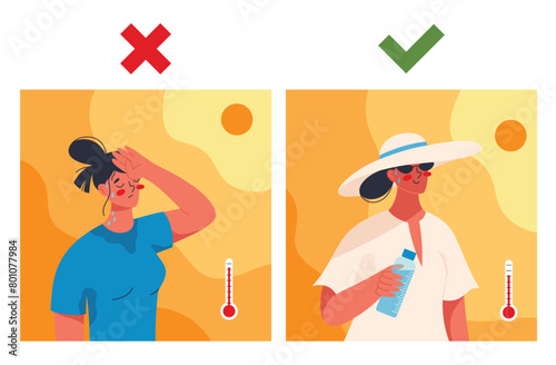 Summer heat stroke. Woman suffering from unbearable heat and woman properly prepared for hot summer. Flat vector illustration of summer heat wave