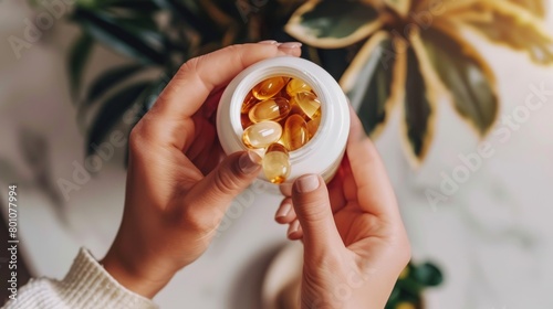 Close-up of woman's hands holding a bottle of fish oil capsules. Omega 3, multivitamins, vitamins B, C, D, collagen tablets, probiotics, iron capsule.  photo