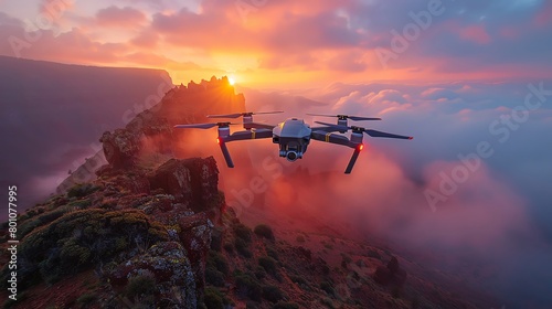 Drone photography capturing the morning light over a mountain range, close-up on the drone against the dawn sky