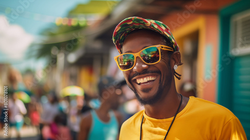 smiling Jamaica man in summer party, with colourful place in background