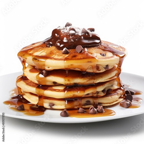 four thick pancakes with melted butter and topping of choco chips in plate on white background © Muhammad Hammad Zia