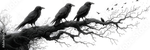  A illustration of a murder of crows standing on,
Raven Standing On the Green Grass With Green Nature Background
 photo