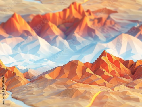 A low poly landscape scene formed from angular planes and geometric shapes that create mountains, valleys and other natural terrains