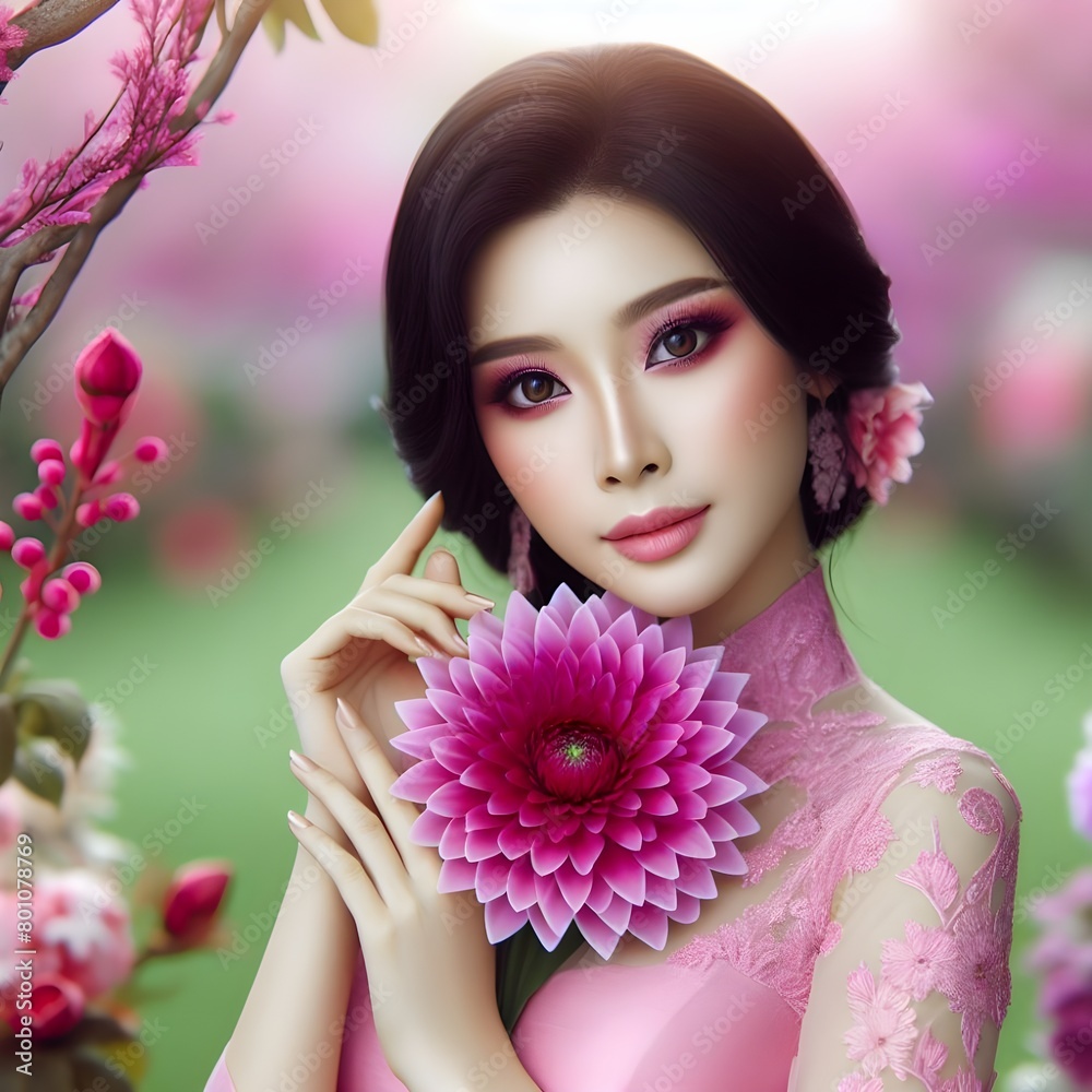 woman with flowers/A picture of a beautiful woman holding a vibrant flower, piercing eyes details, delicate hands, and elegant appearance