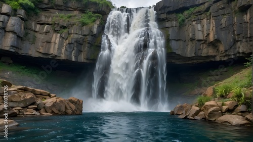 Jagged rocks frame the edges of a thundering waterfall as it crashes into a frothy pool below. The sheer power of nature is on full display  leaving spectators in awe of its grandeur.