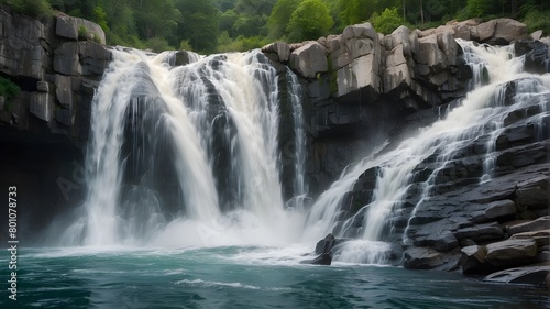 Jagged rocks frame the edges of a thundering waterfall as it crashes into a frothy pool below. The sheer power of nature is on full display  leaving spectators in awe of its grandeur.