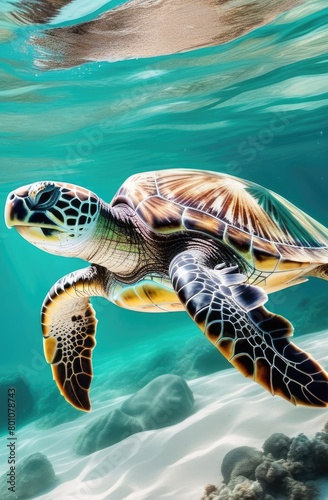 realistic underwater watercolor illustration of green turtle swimming under water at sea.