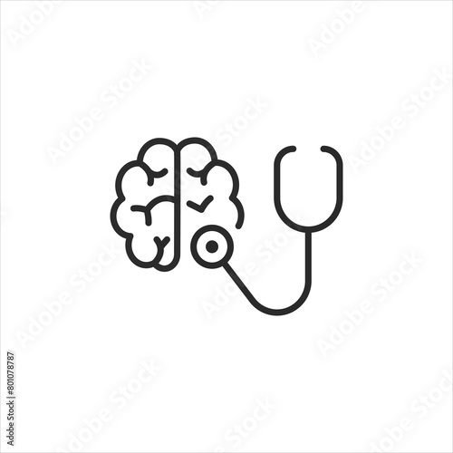 Mental health assessment icon symbolizing psychological evaluation, with a brain connected to a stethoscope, indicating the process of diagnosing mental and emotional wellbeing. Vector illustration 