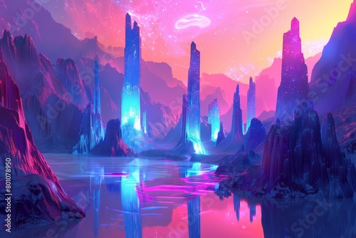 A 3D render of a futuristic fantasy landscape, where towering spires reflect the light of a neon abstract space background, Sharpen Landscape background
