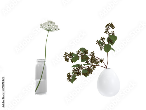 Collection of vases with yellow flowers, pink, peach blossoms, daisies for interior design 3D render for interior decoration. Collezione di vasi con fiori gialli, rosa, fiori di pesco, margherite.	 photo