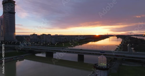 Wallpaper Mural Vienna Austria Cityscape Sunset Aerial View - Stunning Panoramic Landscape of Bridges Across the Danube River. High quality 4k footage Torontodigital.ca