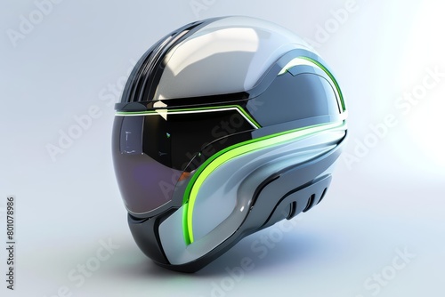 A 3D render of a hitech helmet with a reflective visor and neon trim, Sharpen isolated on white background