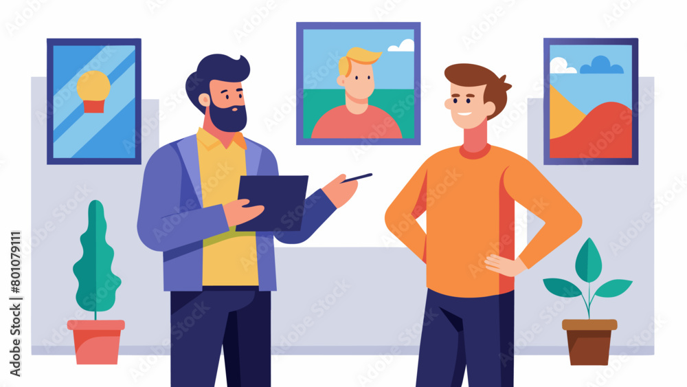 In an art gallery two men appreciate and critique different works while discussing how art and beauty contribute to mental wellbeing.. In an art gallery two men appreciate and critique different works while discussing how art and beauty contribute to mental wellbeing..