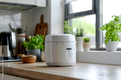 A white rice cooker with a compact footprint  saving space on the kitchen counter.