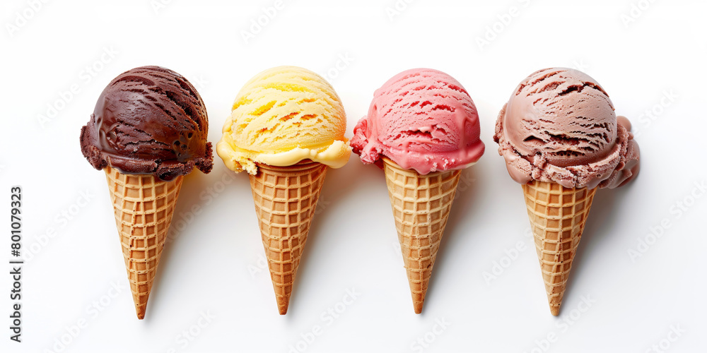 Four delicious ice cream cones lined up Four delicious ice cream cones lined up