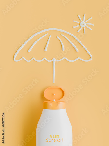 Creative Sunscreen Bottle with Drawn Umbrella and Sun on Yellow Background