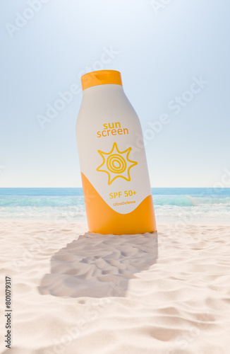 Sunscreen Bottle with SPF 50 on Sunny Beach Sand