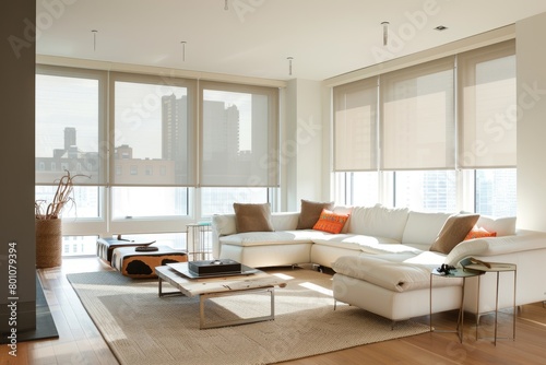 A panoramic view of a living room filled with elegant furniture and bathed in natural light from the large windows