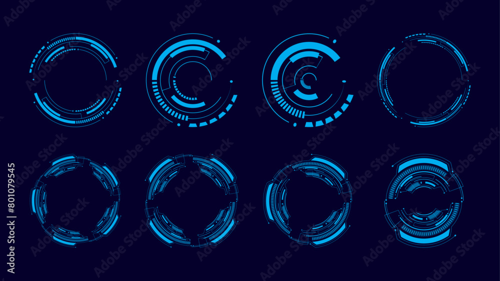 HUD futuristic technology circle holograms and round frames. HUD interface round frames. Vector digital UI dashboard. Virtual cyber screen round buttons and crosshair.