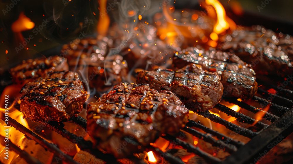 Fresh meat on hot grill. Beef, pork, chicken. BBQ. Fresh meat on hot grill. Beef, pork, chicken. BBQ.