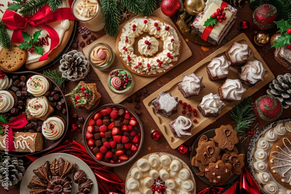 A variety of delicious desserts, including cakes, cookies, and pastries, displayed on a table in a festive setting