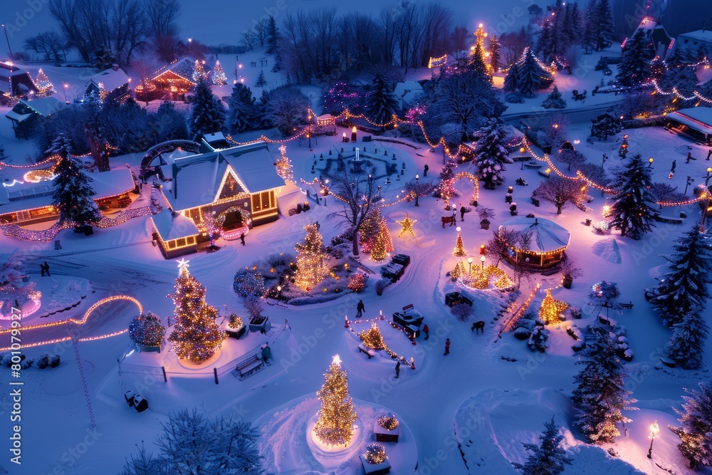 A nighttime aerial view of a snow-covered landscape turned into a Christmas village, lit up with festive lights and decorations