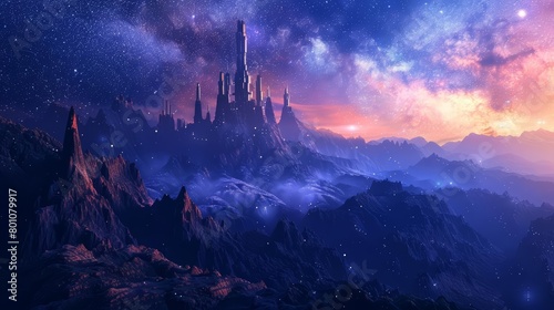 A 3D render of a virtual landscape featuring a futuristic technology city concept, under a starlit sky and milky way galaxy, Sharpen Landscape background