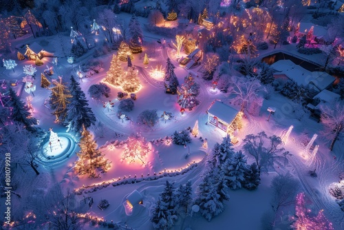 An aerial view showing a Christmas village illuminated by festive lights at night  creating a magical winter wonderland scene