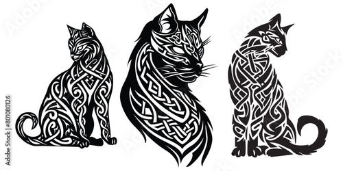 Set of Celtic cats with white patterns illustration. Logo, symbol, Celtic ornaments. black and white Vector illustration