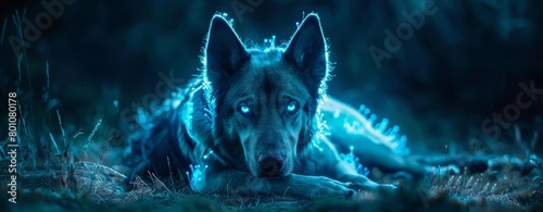 A breed of bioluminescent dogs that glow in the dark, providing both companionship and nighttime security Sharpen close up strange style hitech ultrafashionable concept
