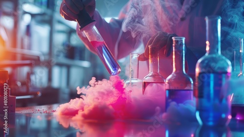 A chemist mixes volatile compounds in a stateoftheart lab, the vibrant colors swirling under a fume hood, Sharpen close up hitech concept with blur background