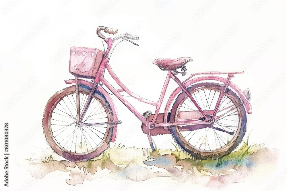 A cute watercolor painting of a small, pink bicycle, kawaii and simple, isolated on white background