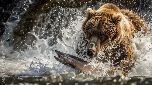 Brown bear catching a salmon in the water, dynamic action scene